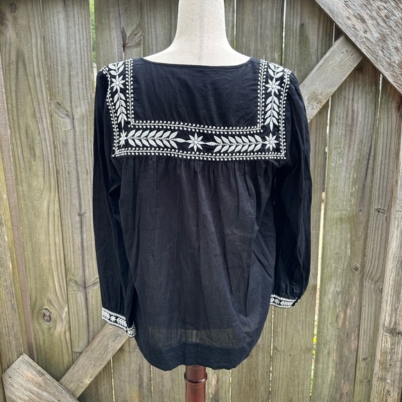 J. Crew Boho Popover Embroidered Semolina Indian Voile Black Peplum Sleeve Top - Picture 10 of 10